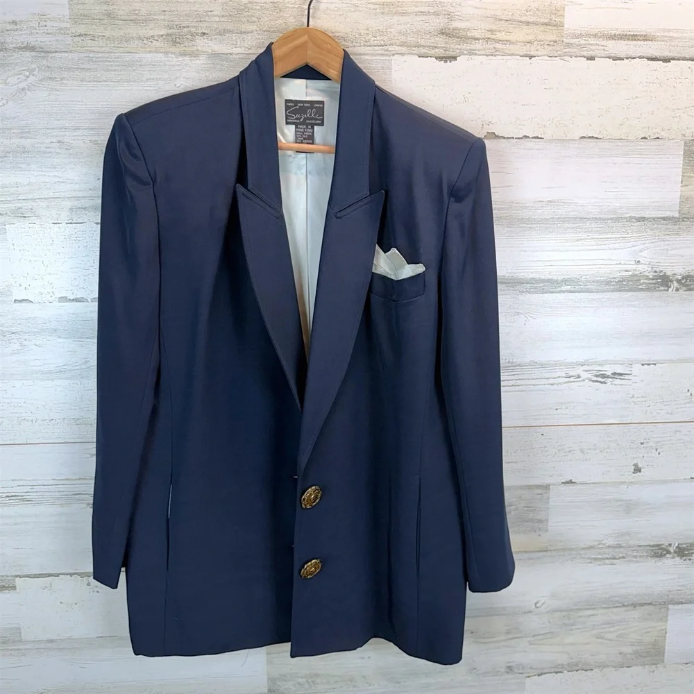 Vintage 90s Suzelle Silk Blazer Navy Gold Buttons Old Money Power Blazer 10 - Picture 10 of 11